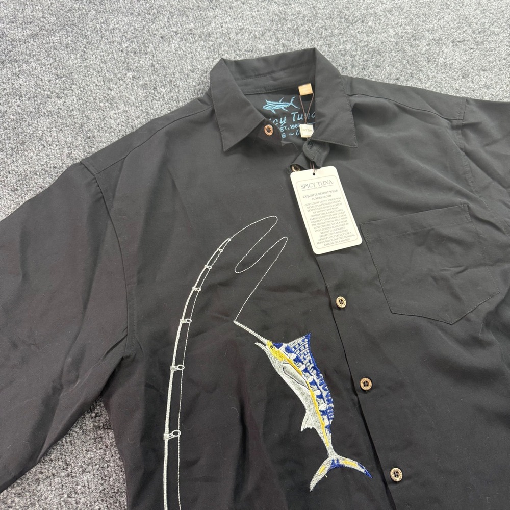 Spicy Tuna Fishing Shirt Mens Medium Black Embroidered Marlin Resort Wear NWT